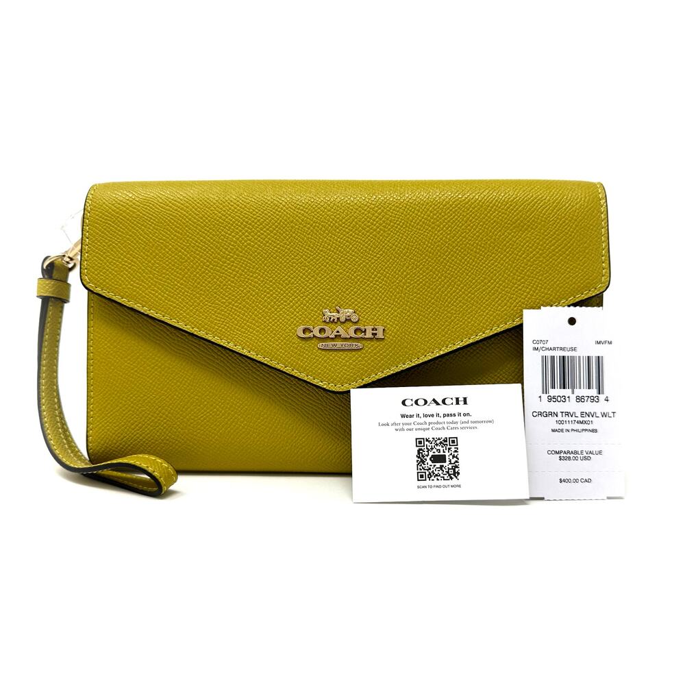 Coach Travel Envelope Wallet Wristlet in Chartreuse Yellow Leather C0707 - Picture 6 of 9